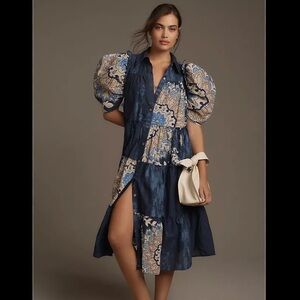 LET ME BE PUFF-SLEEVE PATCHWORK COTTON MIDI SHIRT DRESS